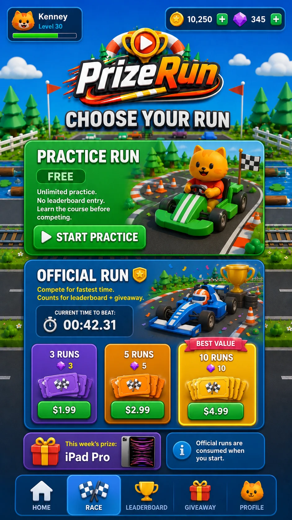 PrizeRun practice and official run selection