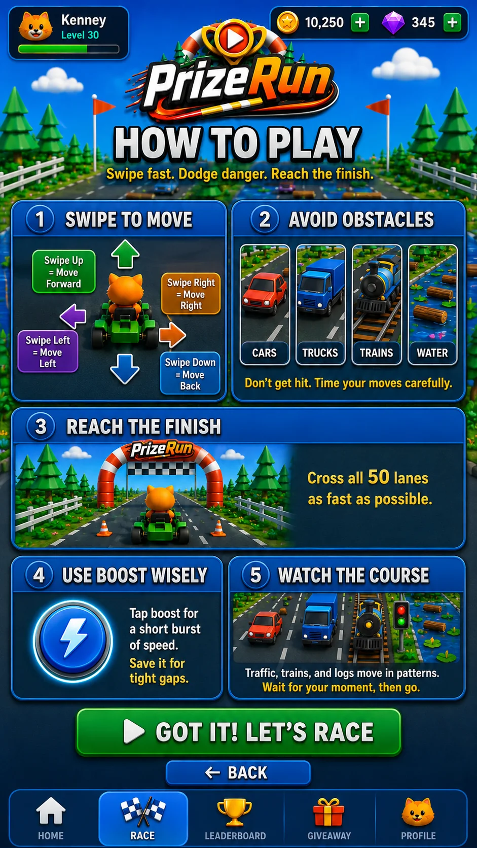 PrizeRun minigame controls and obstacle instructions