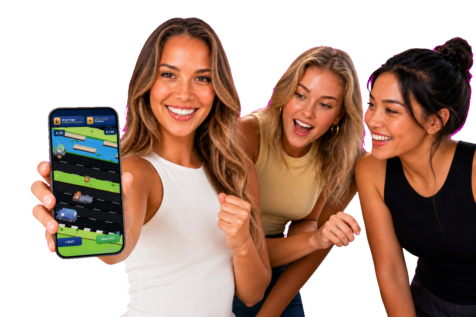 Three adult friends enjoying PrizeRun with the gameplay screen held towards the camera
